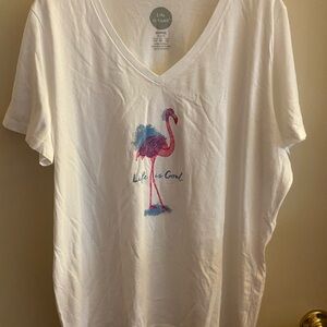 Life Is Good White Tee with Pink Flamingo